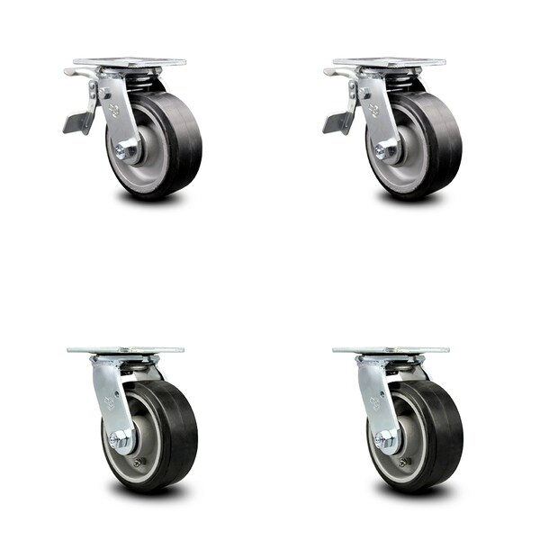 5 Inch Rubber on Aluminum Caster Set with Ball Bearing 2 Total Lock Brake SCC